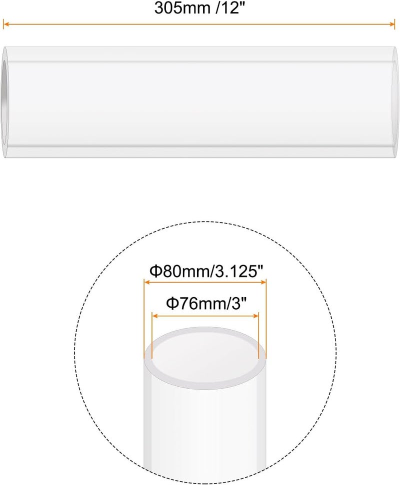 Rebower 12" Clear Plastic Rigid Pipe 76mm x 80mm(3" x 3.125") Acrylic Tube Round Polycarbonate Tubing, [for Plumbing, Hydraulics, Aquarium, DIY] - 2Pcs - Image 2